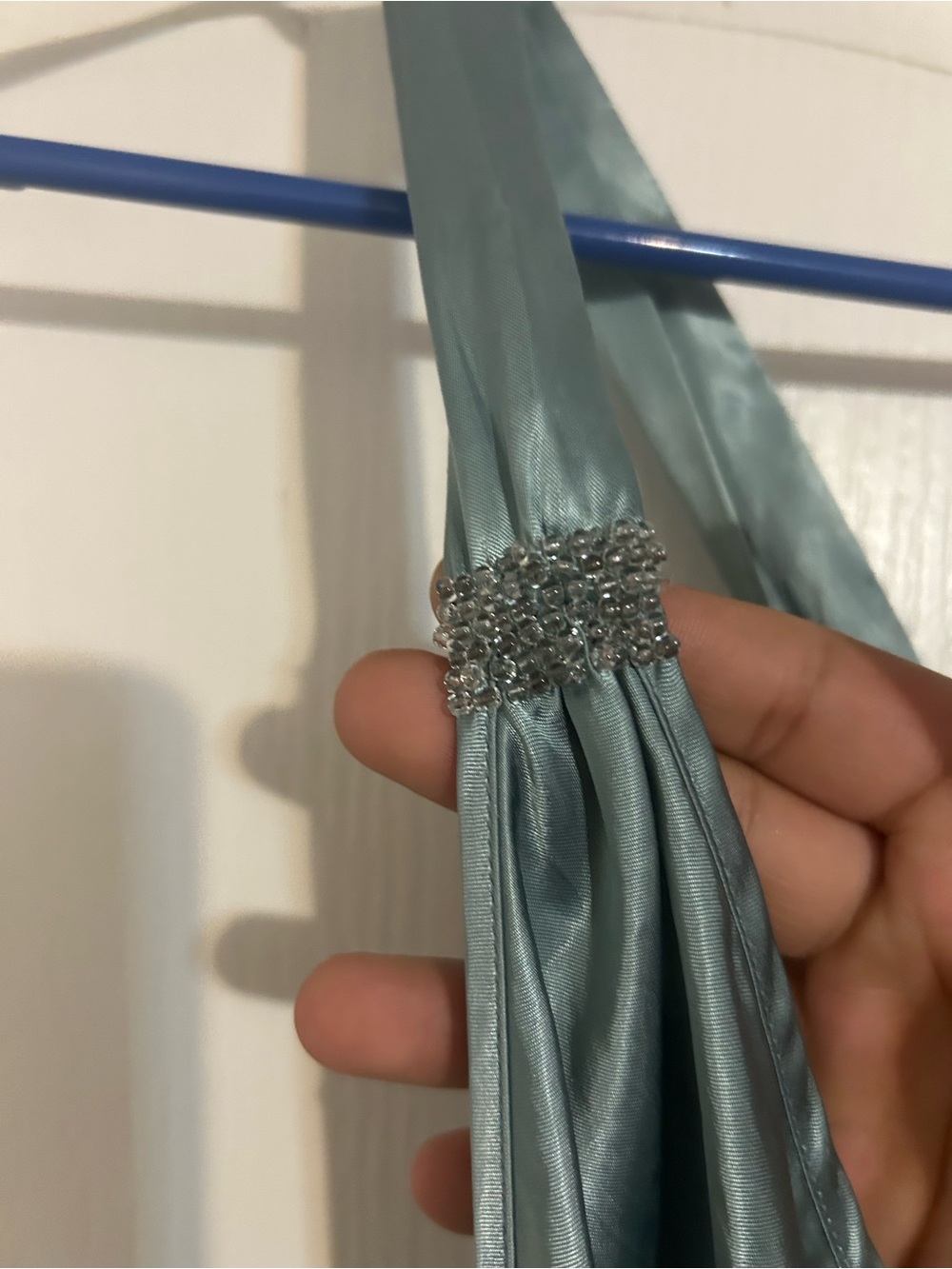 Divided Pale Blue Satin dress with Rhinestone Bead Accent